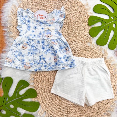 Conj. Blusa Coelhinhas e Short Ana Bola - Azul Bebê e Off White